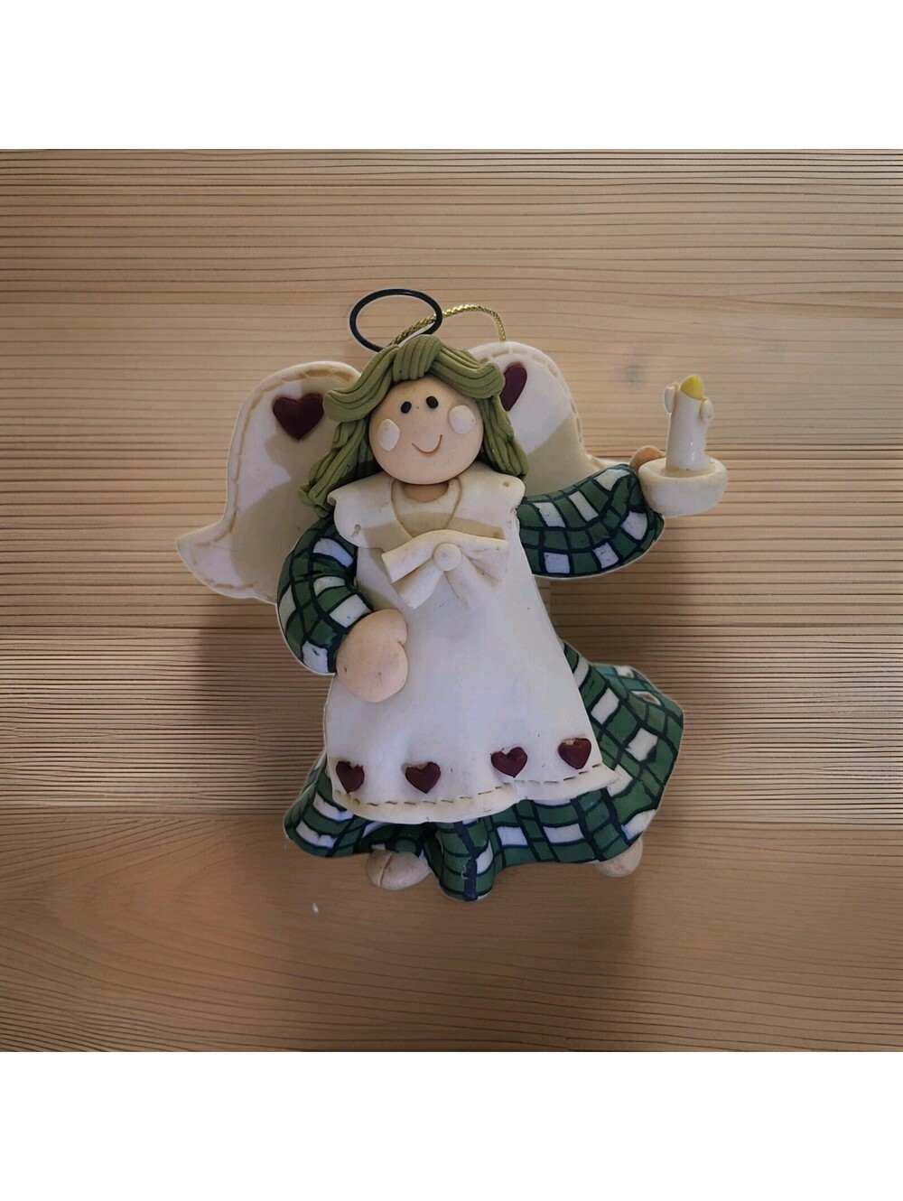 Vtg Clay Winged Country Angel W Candle 3" Christmas Ornament A89